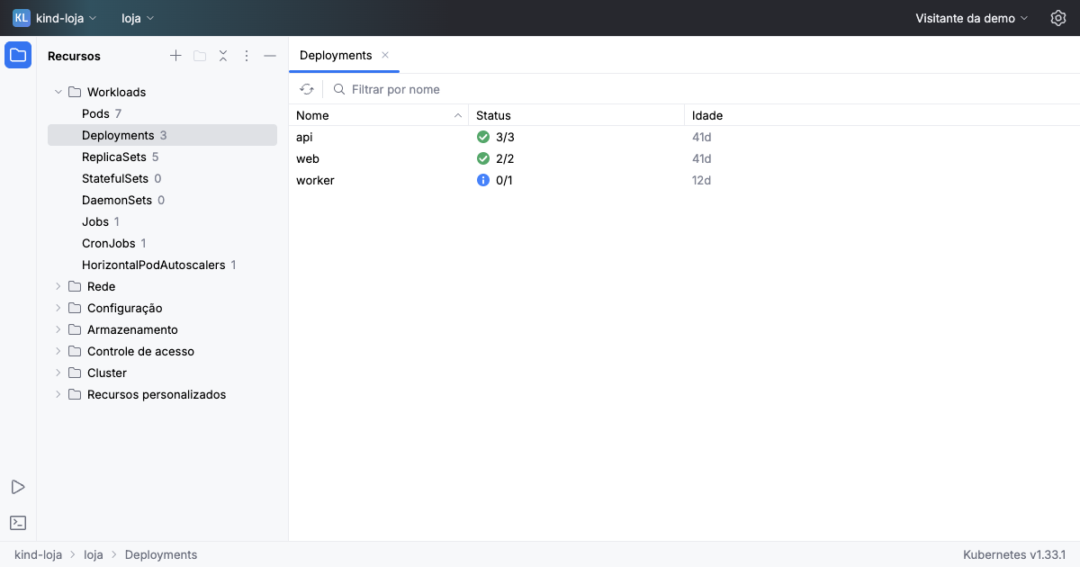 A janela do Kuberniq aberta nos deployments do cluster kind-loja.